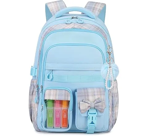 QIXIHU Girls Backpack, 17-Inch Bookbag for Middle & Elementary School, Kawaii Kids Backpack for Girls Ages 6-12(Blue)