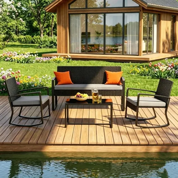 Patio Furniture Set, Lofka 4 Pieces All-Weather Outdoor Conversation Set with 2 Rattan Wicker Rocking Chairs, Glass Table & Removable Cushions, Gray