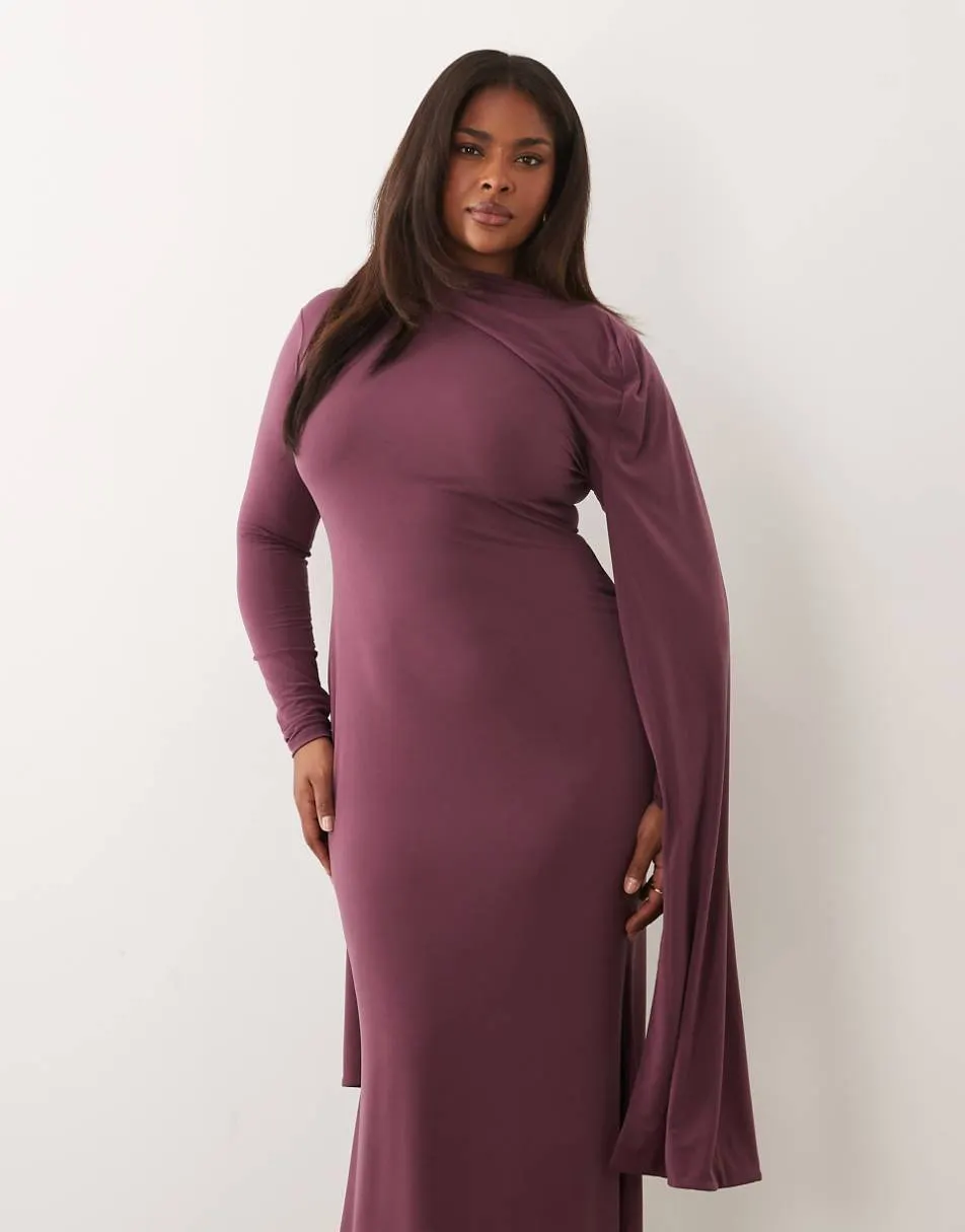 ASOS DESIGN Curve long sleeve maxi dress with extreme scarf detail in mauve