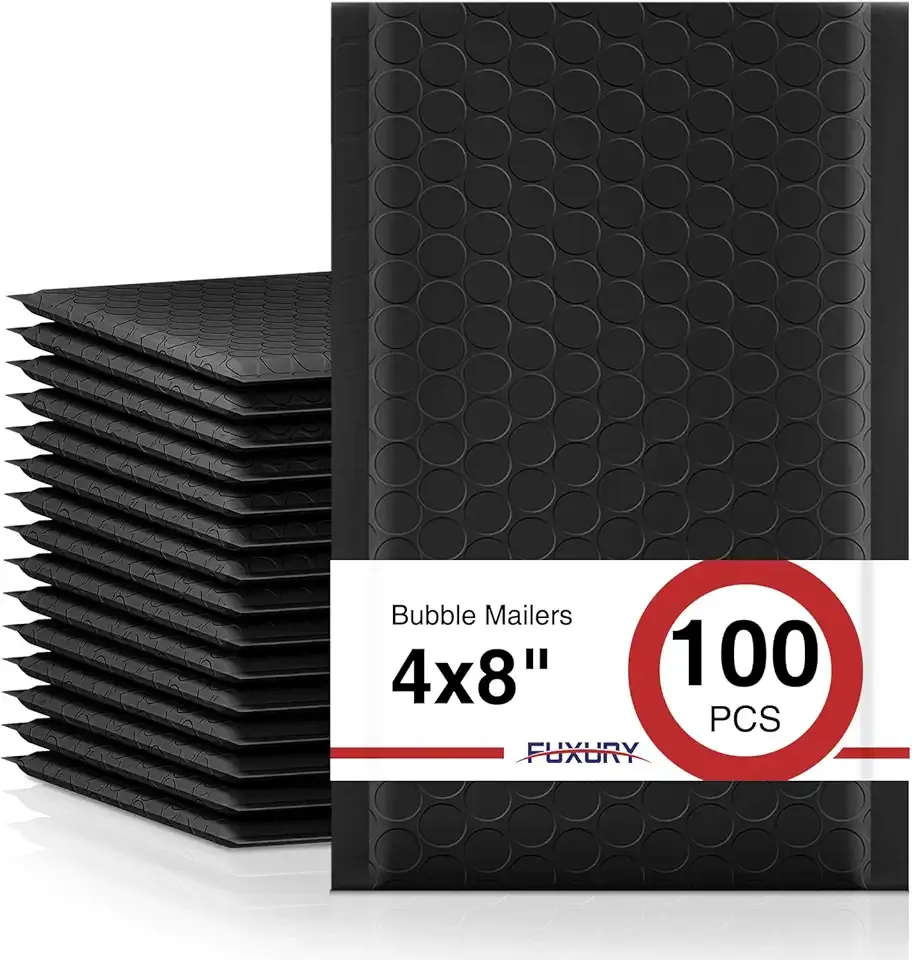 Fuxury Black Bubble Mailers 4x8" 100 Pack Waterproof Padded Envelopes Usable Size 4x7" Self Seal Bubble Envelopes Padded Mailers for Small Business, Envelope Mailers