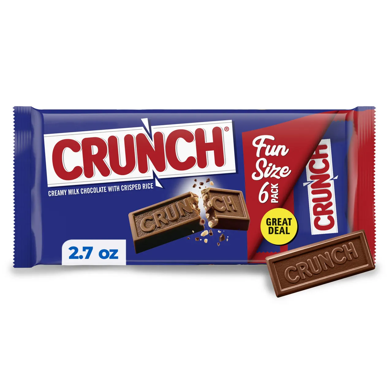 CRUNCH Fun Size Candy Bars, Creamy Milk Chocolate with Crisped Rice, Individually Wrapped Candy, 6 Pack, 2.7 oz Each