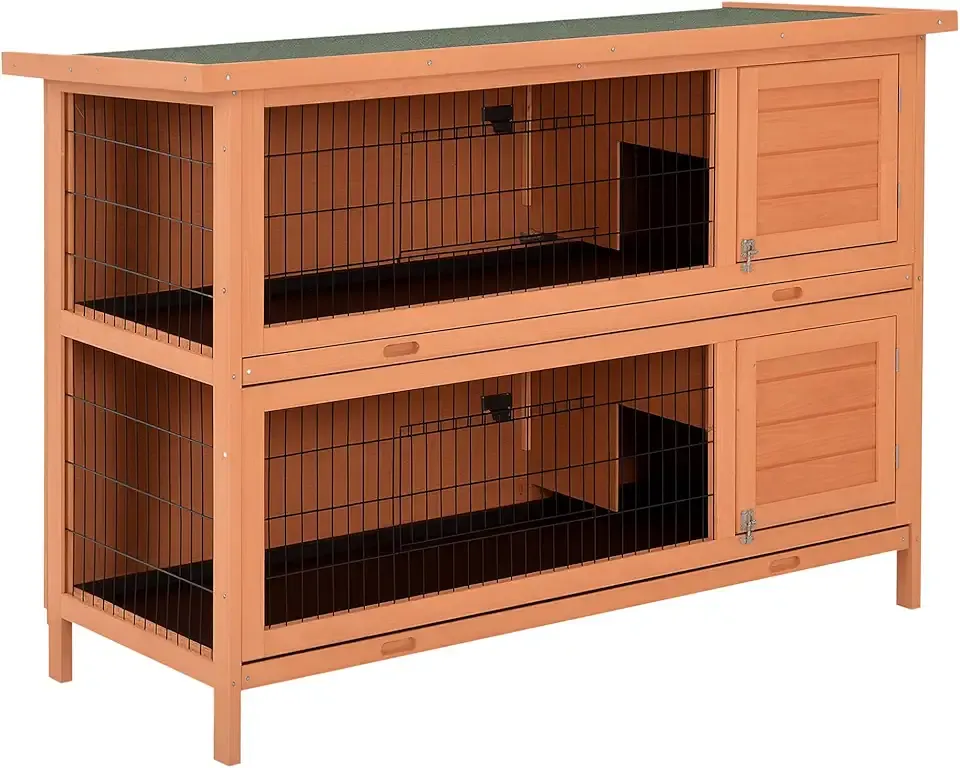 PawHut 54" 2-Story Large Rabbit Hutch Bunny Cage Wooden Pet House Small Animal Habitat with Lockable Doors, No Leak Tray and waterproof Roof for Outdoor/Indoor Orange