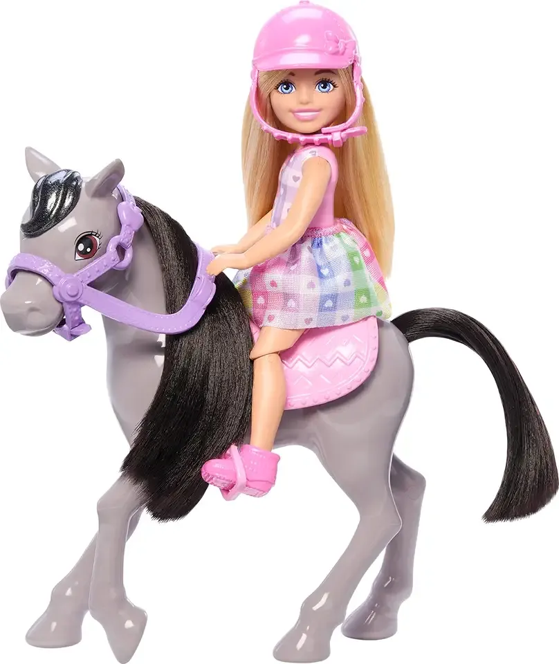 Chelsea Doll & Toy Horse Set, Includes Helmet Accessory & Saddle, Small Doll Bends at Knees to “Ride” Gray Pony