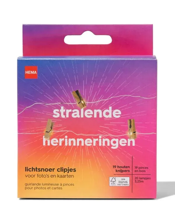 lichtsnoer 3.25m met 20 lampjes en 19 clipjes hout