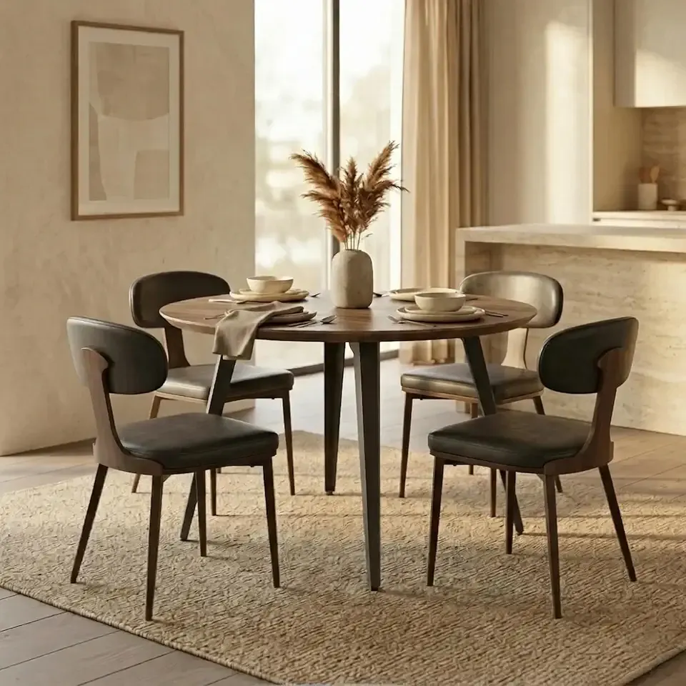LeisureMod Ravenna 47" Round Dining Table for 2-4 People, Wood MDF Top with Sturdy Black Metal Legs for Modern Home, Dining Room, and Kitchen Use (Dark Brown)