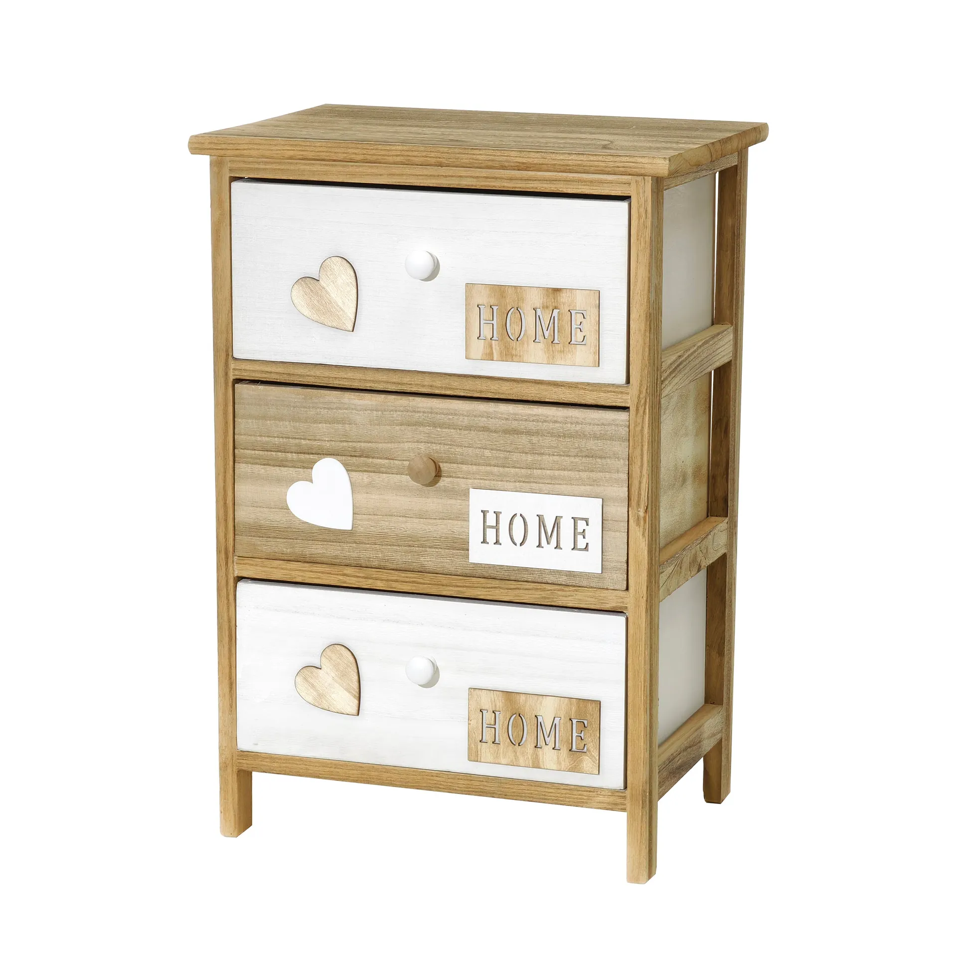 Mobiletto multiuso 3 cassetti Legno Naturale e Bianco decorati Home Linea Woodhandy