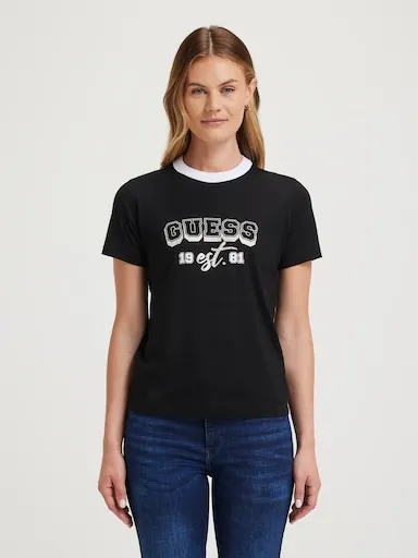 Guess Short Sleeve College Tee In Jet Black