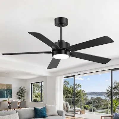 Modern Minimalist 52-in Black with Black Plywood Blades LED Ceiling Fan With Light and Remote Control Included 5 -Blade