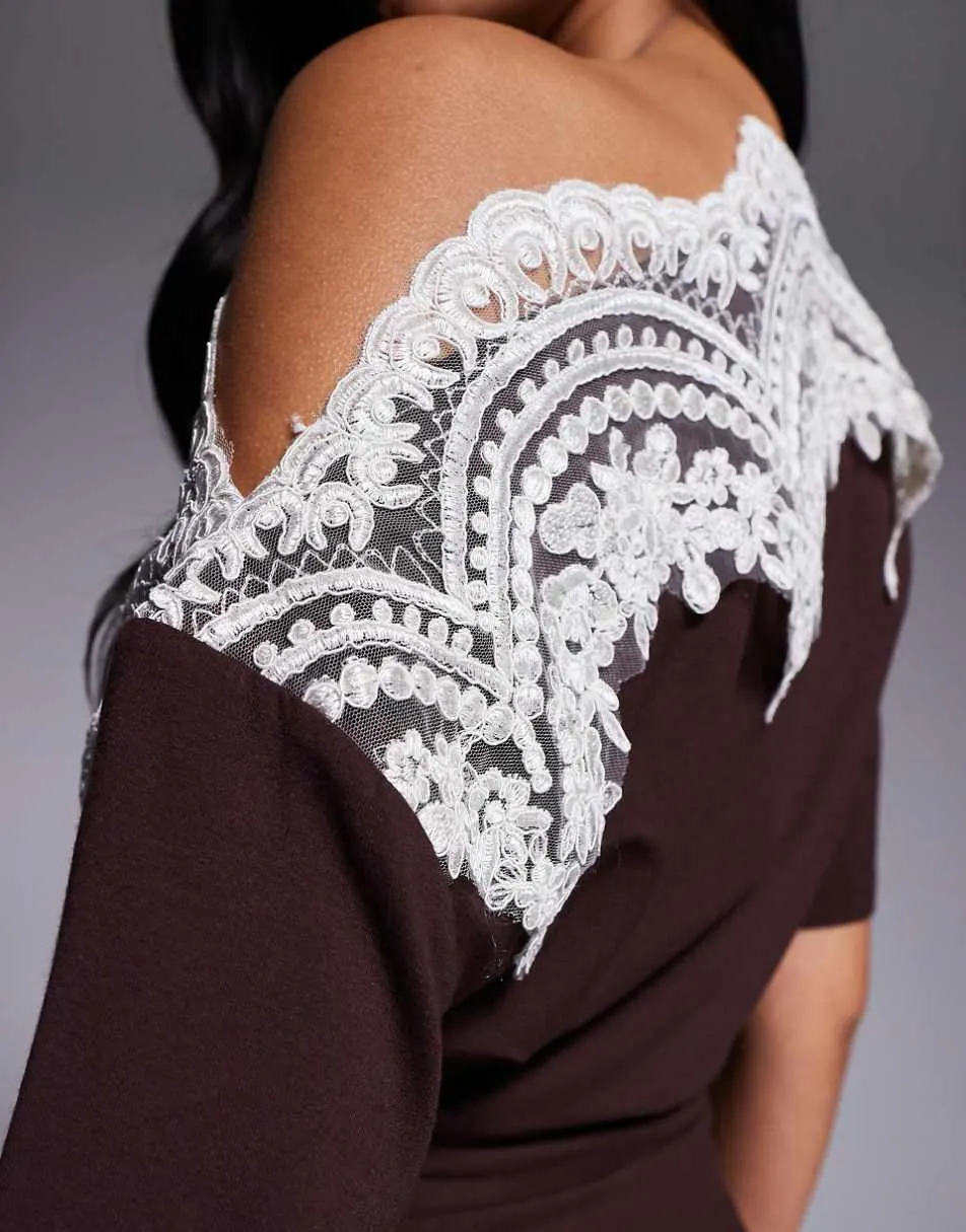 ASOS DESIGN lace trim fallen shoulder short sleeve with ruching mini dress in brown