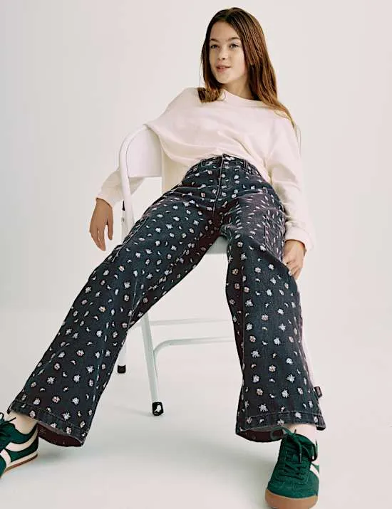 Denim Floral Print Wide Leg Cargo Jeans (6-16 Yrs)