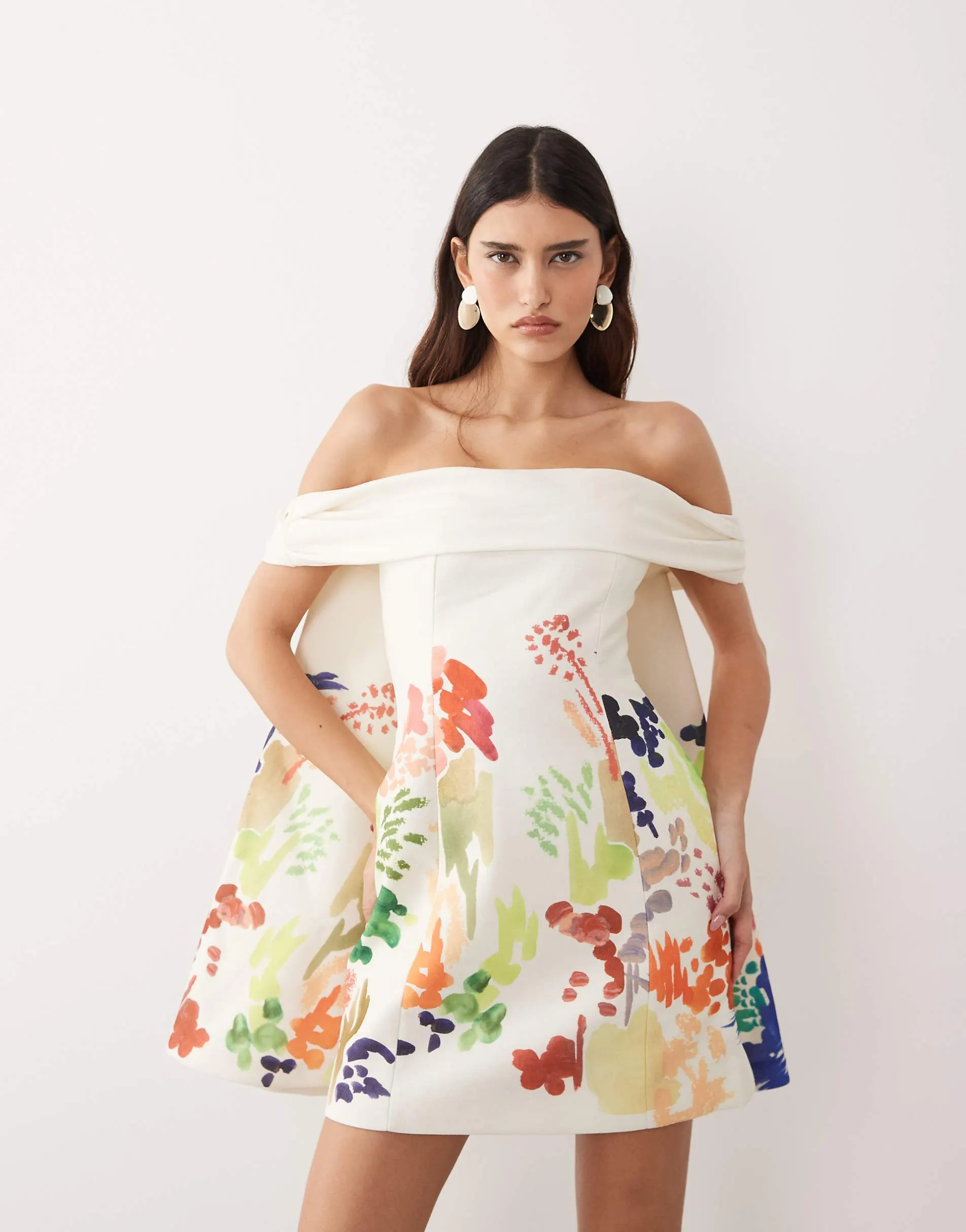 ARRANGE bardot mini dress with cape detail in abstract painterly print