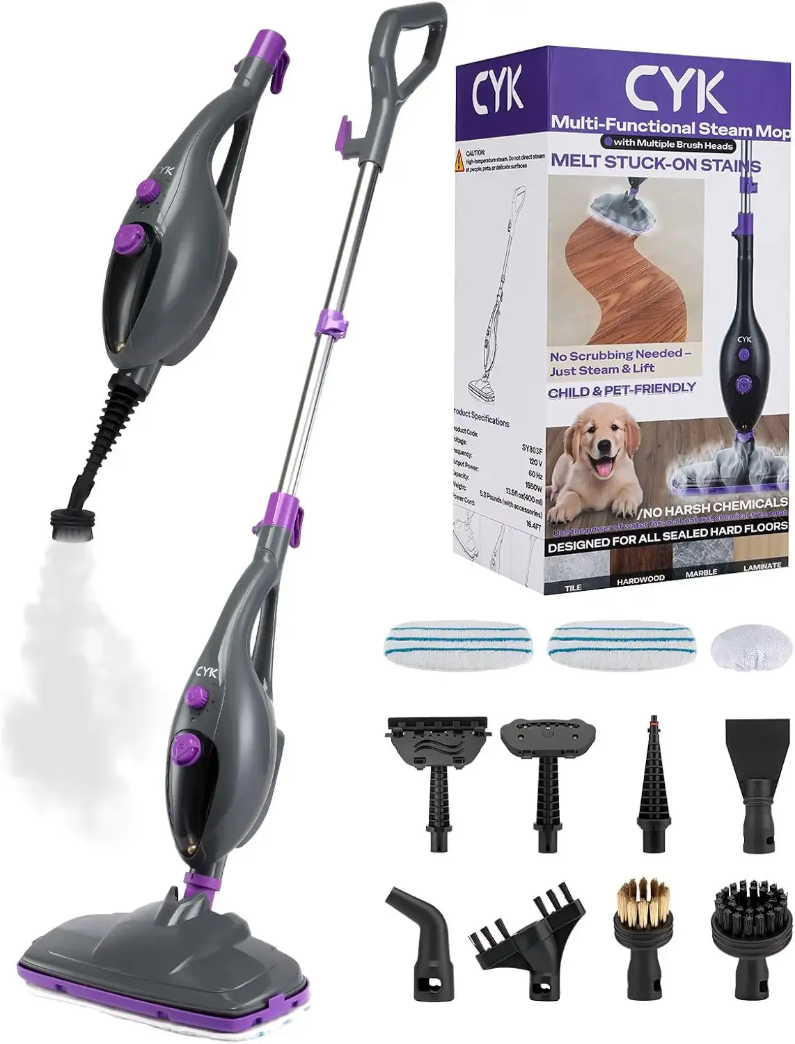 CYK Steam Mops for Floor Cleaning, 12 in 1 Handheld Steam Cleaner for Home, Floor Steamer for Hardwood Floors and Tile(Purple-grey)