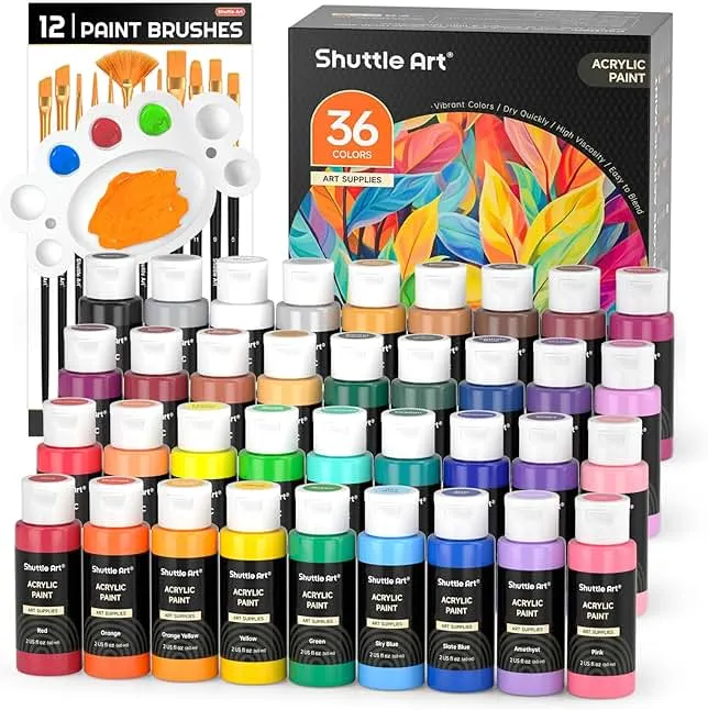 Shuttle Art Acrylic Paint, 36 Colors Acrylic Paint Set with Brushes & Palette, 2oz/60ml Bottles, Rich Pigments Non-toxic for Artists Kids & Adults, Painting on Ca…