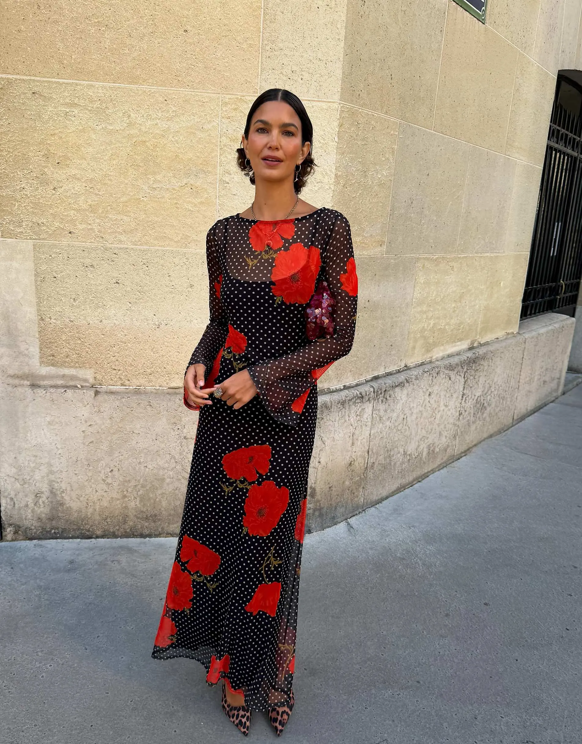 Never Fully Dressed Aria long sleeved mesh maxi dress in black polka dot poppy print
