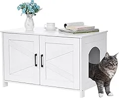 Homhedy Cat Litter Box Enclosure, Wooden Cat Washroom Furniture with Barn Door, Pet House, Fit Most of Litter Box, White