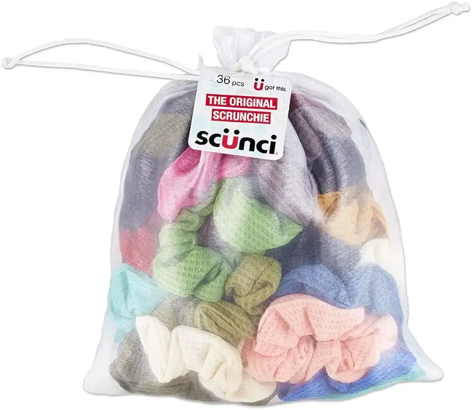 Scunci by Conair The Original Scrunchie Hair Ties, 36 Count Hair Scrunchies for Women, Super-Comfy Waffle Knit, Everyday Style Accessories for Sports and Working Out, Assorted Colors
