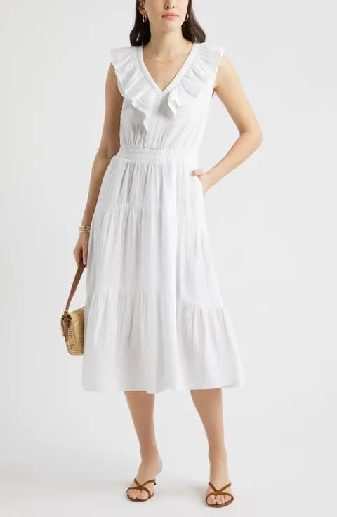 Ruffle Sleeveless Tiered Cotton Midi Dress