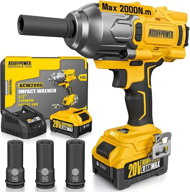 ALLOYPOWER Cordless Brushless Impact Wrench, 1475 ft-lbs (2000N.m), 1/2 High Torque power impact gun, 3-Mode Speed, 4000mAh Battery, 3 Sockets, El…