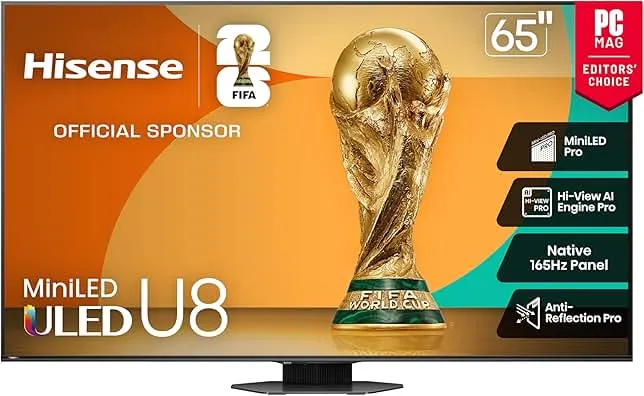 Hisense 65" Class U8 Mini-LED ULED 4K UHD Google Smart TV (65U8QG, 2025 Model) - QLED, Native 165Hz, VRR 288, Up to LD5600, 5000 Nits, HDR10+, Dolby Vision IQ · Atmos, IMAX Enhanced, 4.1.2 Ch Audio