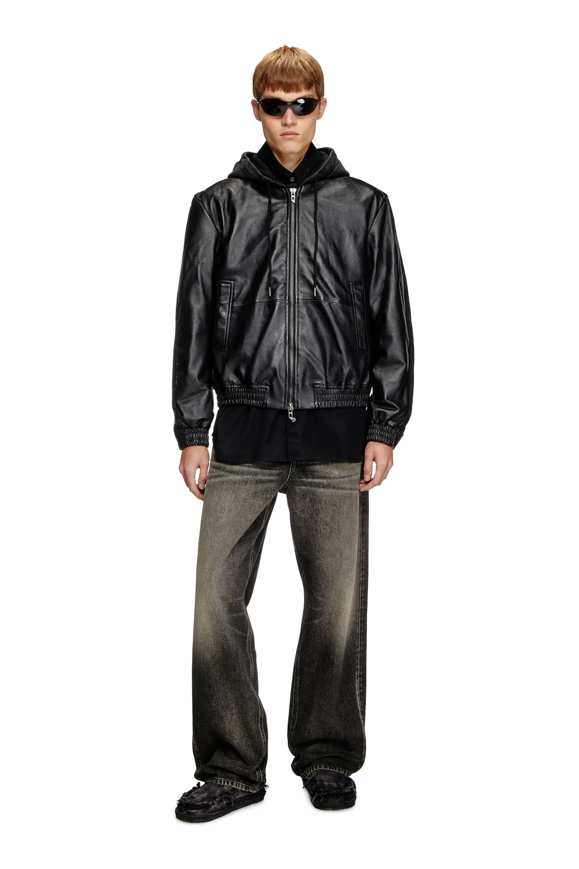 Hooded jacket in leather, cotton and denim