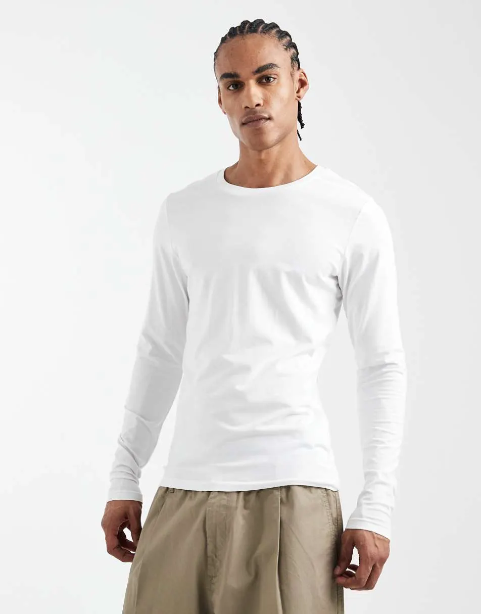 Jack & Jones muscle fit long sleeve t-shirt in white