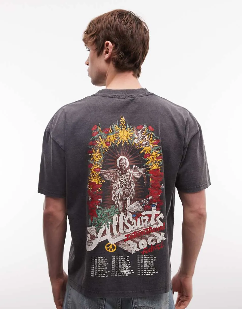 AllSaints Roque short sleeve graphic logo t-shirt with back print in washed black