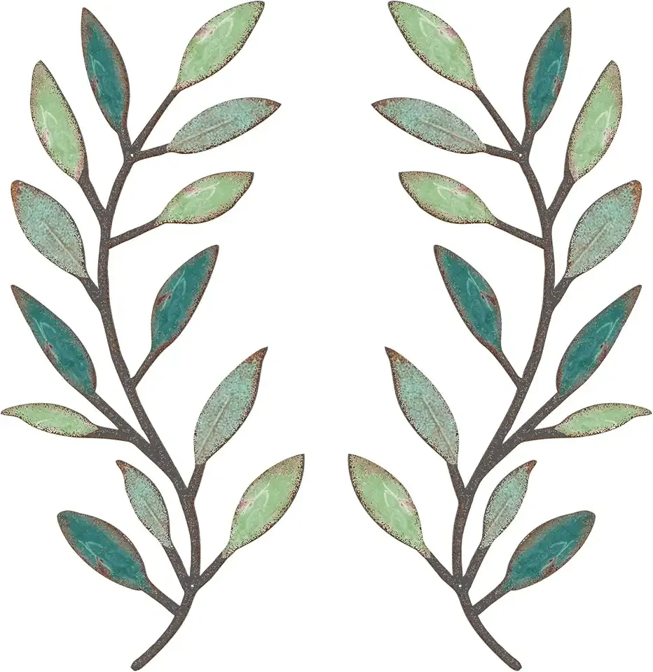 Zhengmy 2 Pieces Metal Tree Leaf Wall Decor Vine Olive Branch Leaf Wall Art Living Room, Hallway Wall Decor Outdoor Decoration(Gradient Green)