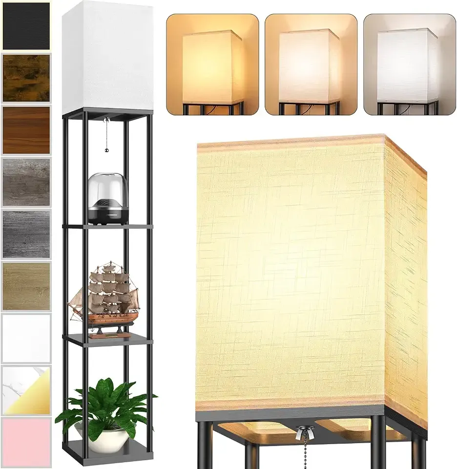 Floor Lamp with Shelves for Living Room, Shelf Floor Lamp with 3 CCT LED Bulb, Corner Display Standing Column Lamp Etagere Organizer Tower Nightstand with White Linen Shade for Bedroom, Office
