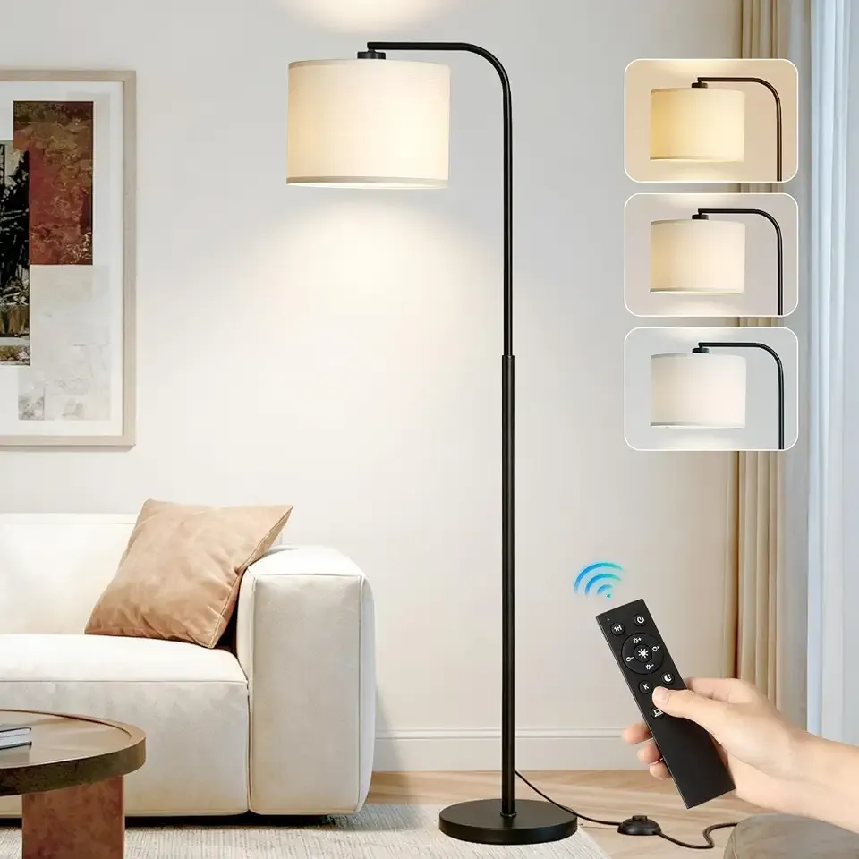 Arc Floor Lamp with Remote and Dimmable Black Floor lamps for Living Room | Modern Tall Standing Lamp for Bedroom Corner and Office wiht Adjustable Hanging Drum Shade Over Couch Arched Reading Light