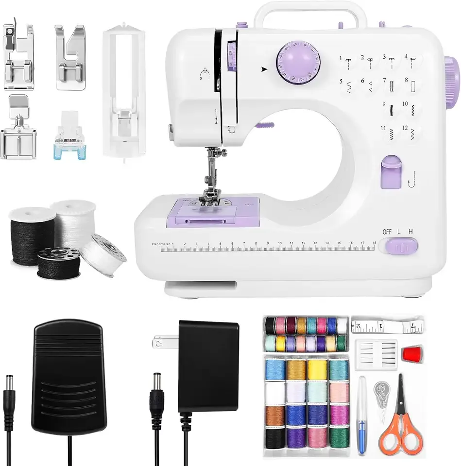 Mini Sewing Machine for Home Use, 12 Stitch Patterns, LED Light & Foot Pedal, 2-Speed Portable Electric Sewing Machine with 32 Spools Thread Kit for Beginners, Kids & Adults