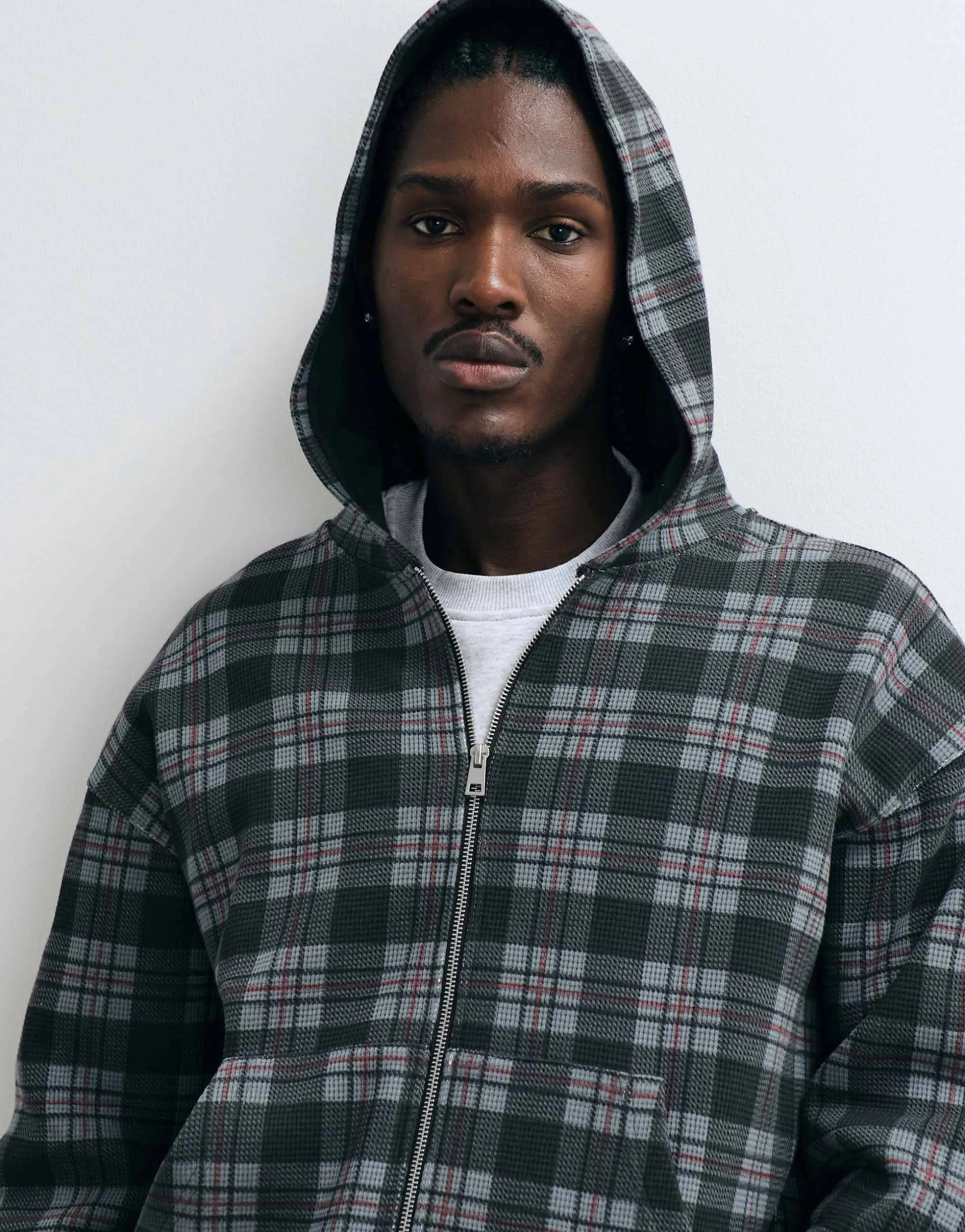 Cotton On zip up hoodie in washed black check