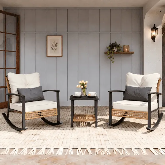 LAZZO 3 Pieces Patio Outdoor Conversation Set with Lumbar Pillows and Coffee Table, PE Wicker Rocking Chairs with Beige Cushions, Price Now $169.99 Was $269.99 Options from $169.99 – $179.99