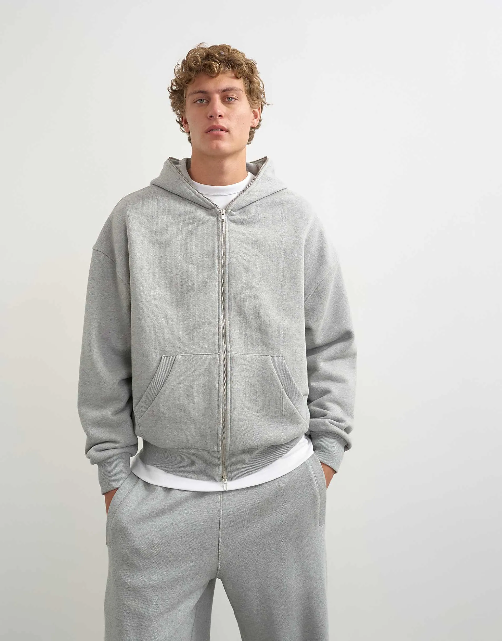 Topman premium boxy fit heavyweight full zip through hoodie in grey marl