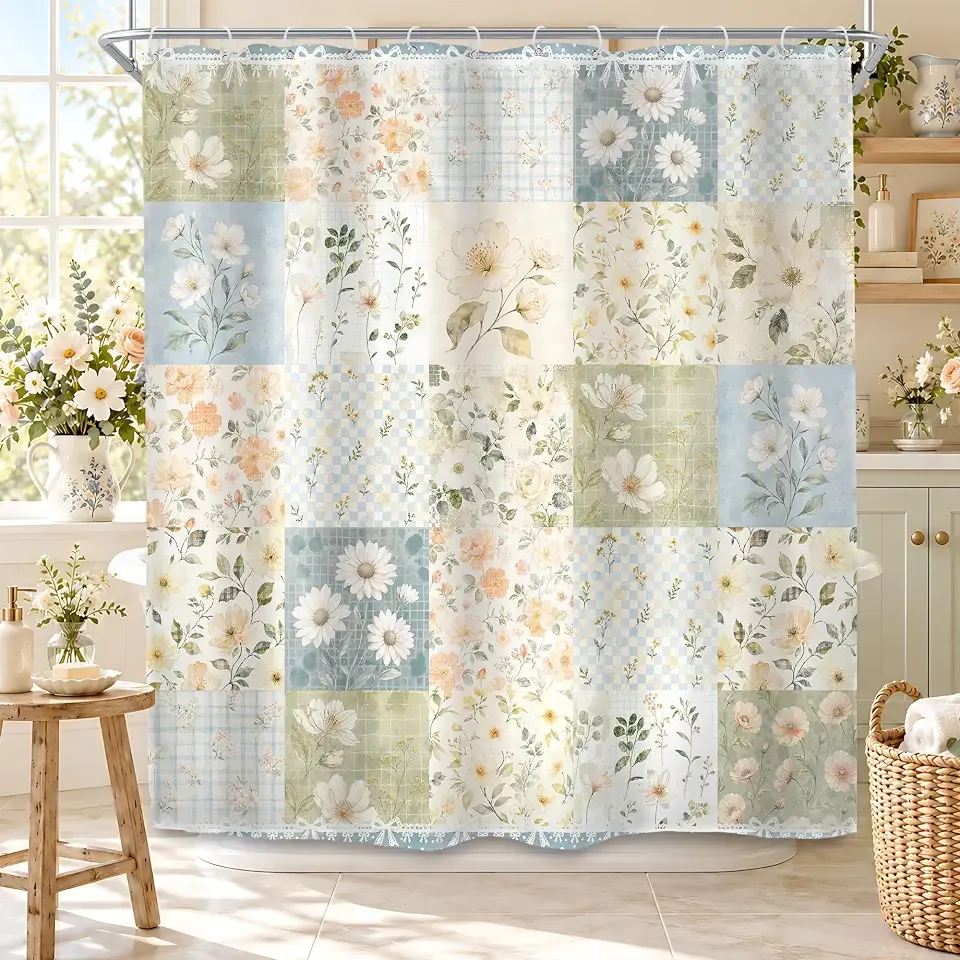 Sage Green Floral Patchwork Shower Curtain Gingham Farmhouse Bathroom Decor