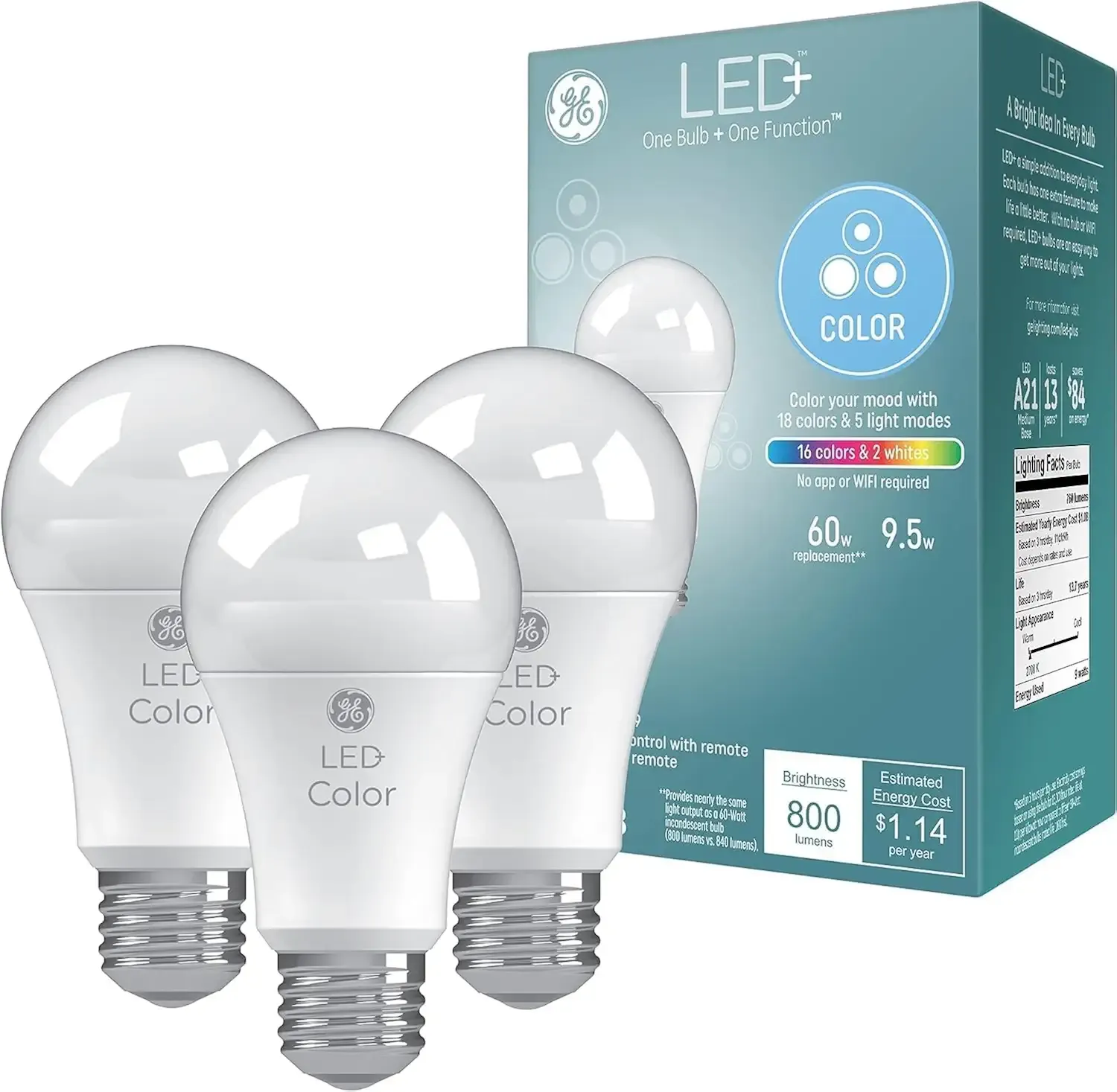 GE LED+ Color Changing LED Light Bulbs with Remote, No App or Wi-Fi Required, A19 Bulbs (3 Pack)