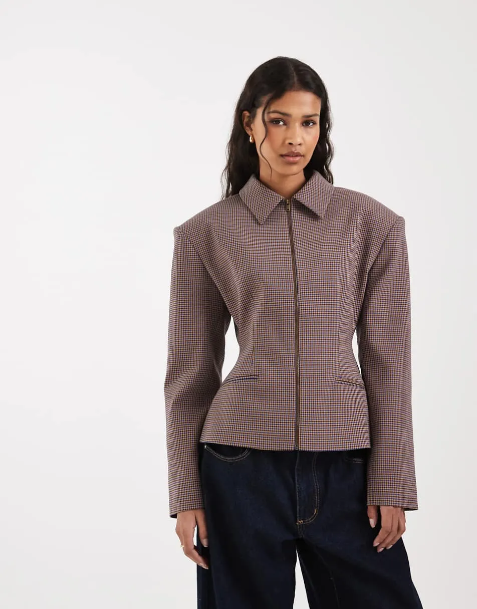 ASOS DESIGN zip up cinch tailored jacket in micro check