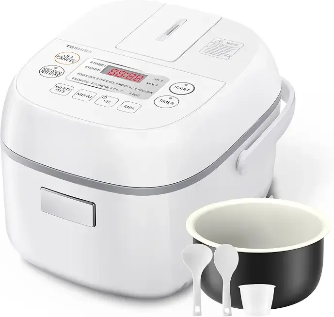 Toshiba Mini Rice Cooker, 3 Cups Uncooked, for 1-3 People, Steamer and Warmer, Fuzzy Logic, One-Touch Cooking, 24-Hour Delay Timer, Auto Keep Warm, White