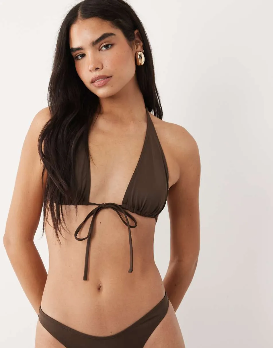 ASOS DESIGN Maya Laguna high apex tie front bikini top in chocolate