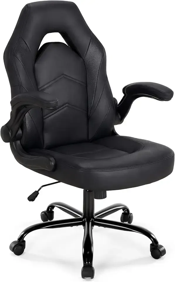 DUMOS Ergonomic Computer Gaming Chair - Home Office Desk with PU Leather Lumbar Support, Height Adjustable Big and Tall Video Game with Flip-up Armrest, Swivel Wheels for Adults, Black