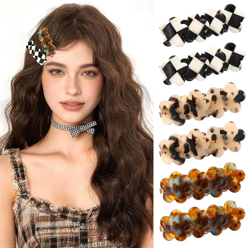 6 PCS Acetate Hair Barrettes for Bangs, Cute Hair Clips for Styling Makeup | Well Made Pretty Flower Design, Decorative Y2K Creaseless Hair Clips for Thin Thick Hair, Black White Checker, Tortoise Shell
