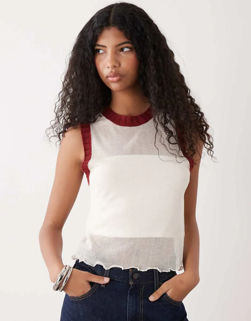 COLLUSION sheer knitted contrast tank top in cream and red
