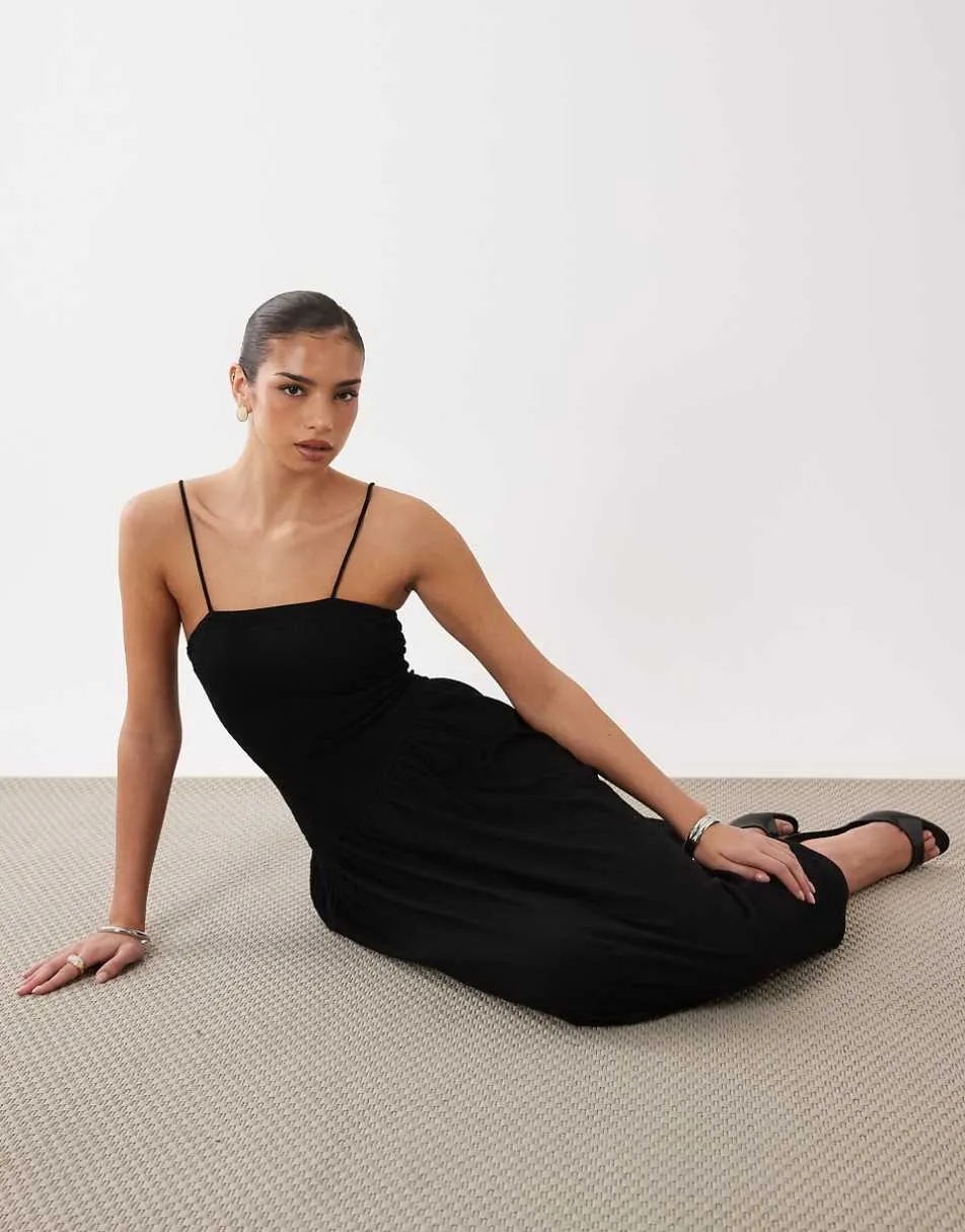 ASOS DESIGN crinkle cami tie back midi dress with asym waist in black