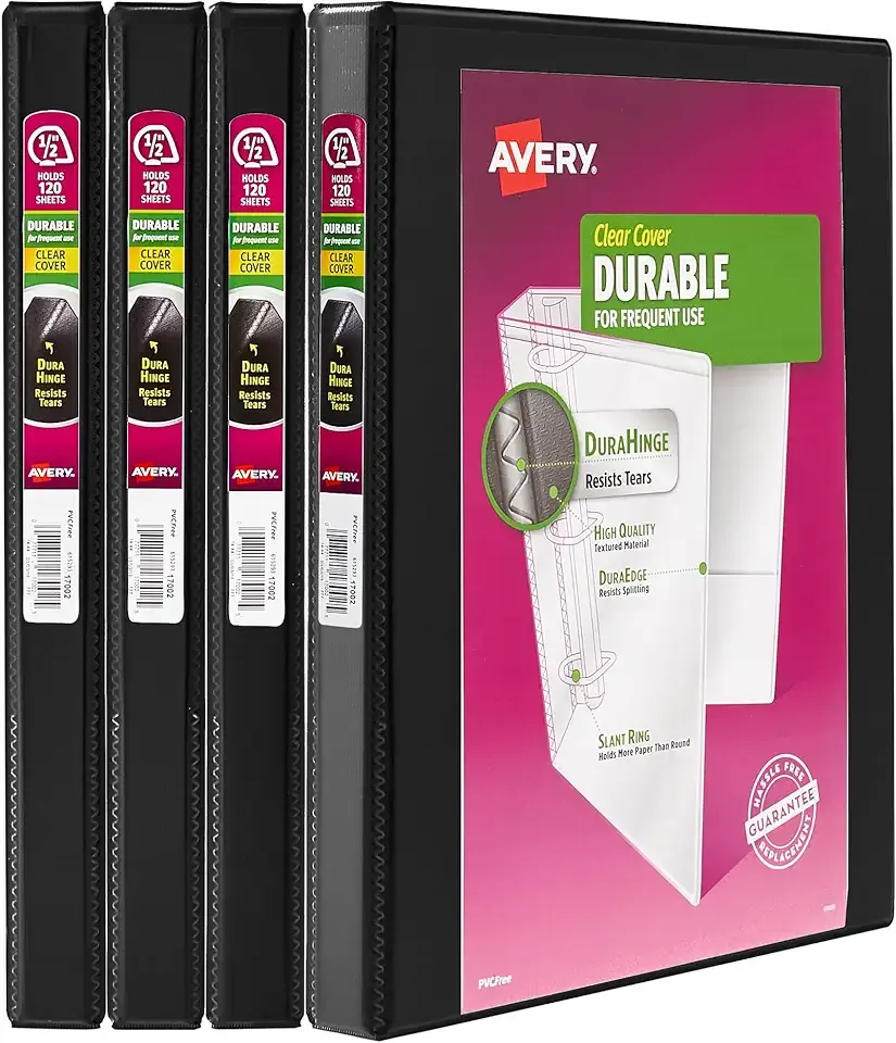 Avery Durable View 3 Ring Binders, 0.5" Slant Rings, 135-Sheet Capacity, 0.7 Inch Wide Spine, Great for Home, School Supplies, Office, or Organization Needs, Black Binders (4-Pack of 05736)