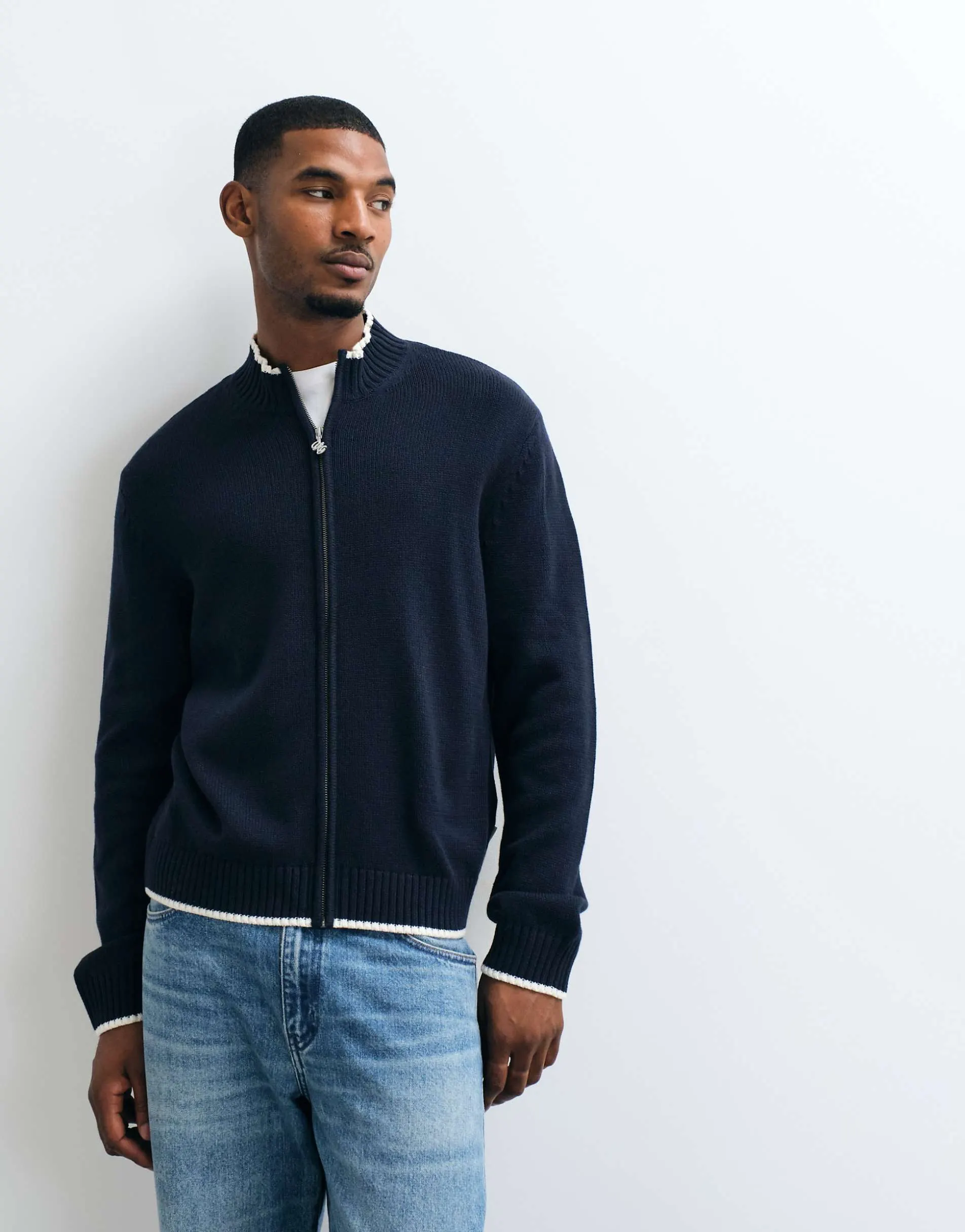 Jack & Jones zip through knit cardigan in navy and white tipping