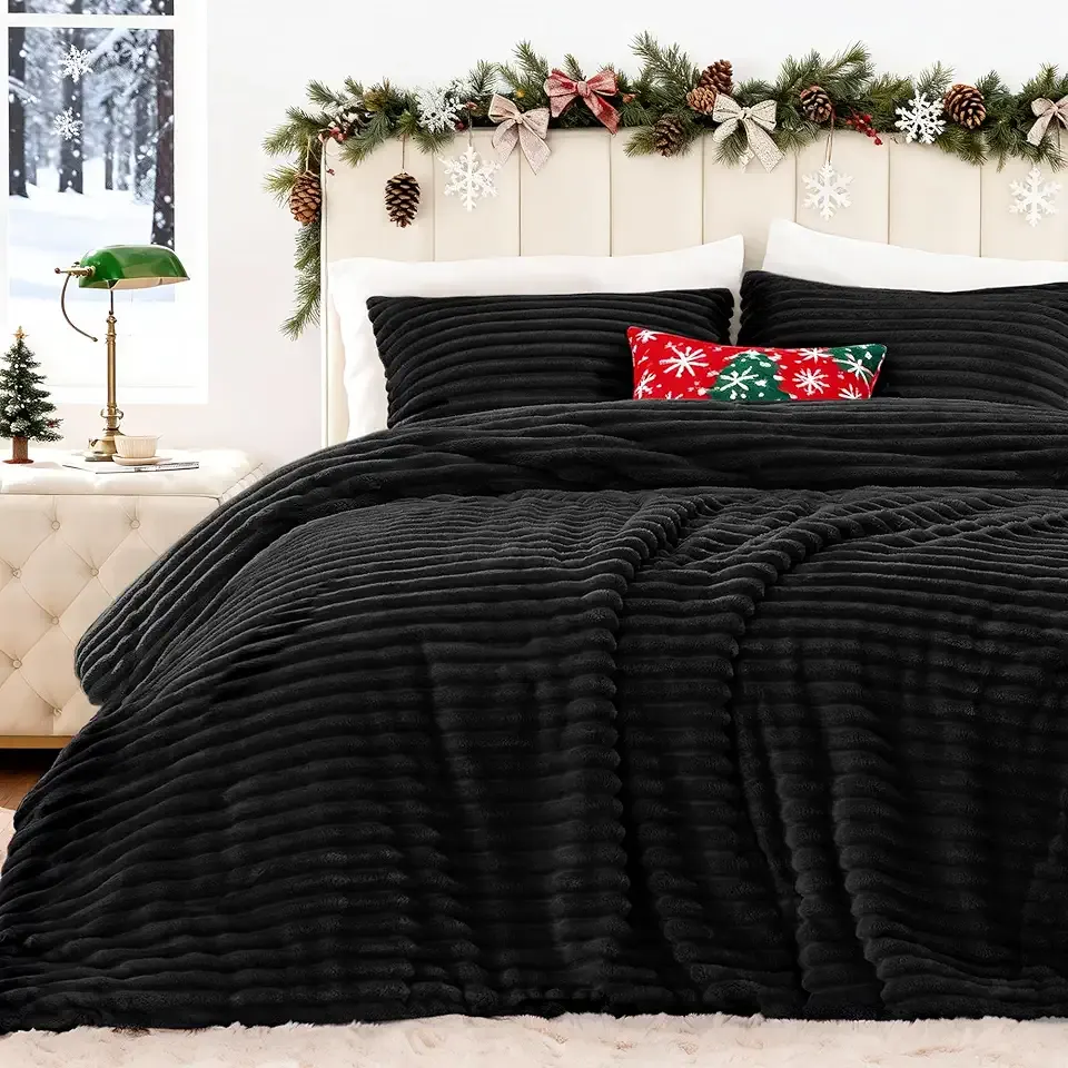 EXQ Home Fluffy Comforter Set Queen Size - Super Soft Faux Fur Stripe Jacquard Comforter 3 Pieces, Black Fleece Bedding Set,Winter Warm Bed Set,1 Comforter with 2 Pillowcases