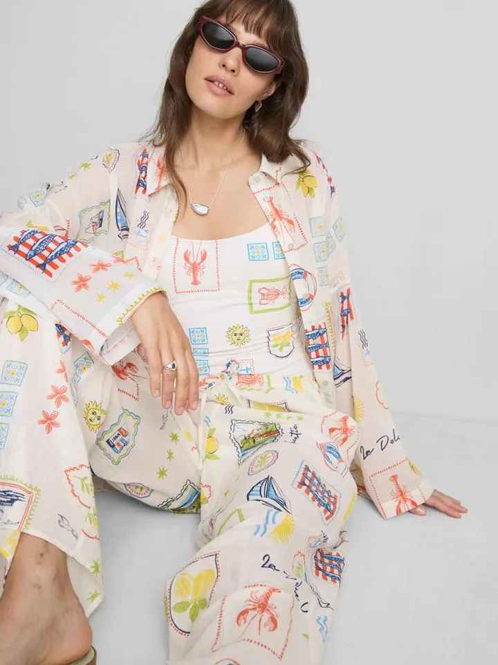 Camicia copricostume in cotone con stampa