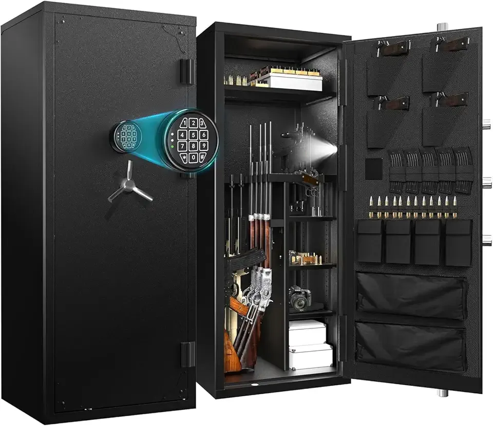 Large Rifle Safe, 30 Gun Safe for Rifle and Shotgun/Rifle Pistol Rack/Storage Pocket/Removable Shelf/Silent Mode/External Battery/Key/LED,180° Open Door Panel Organizer Unassembled Gun Safe