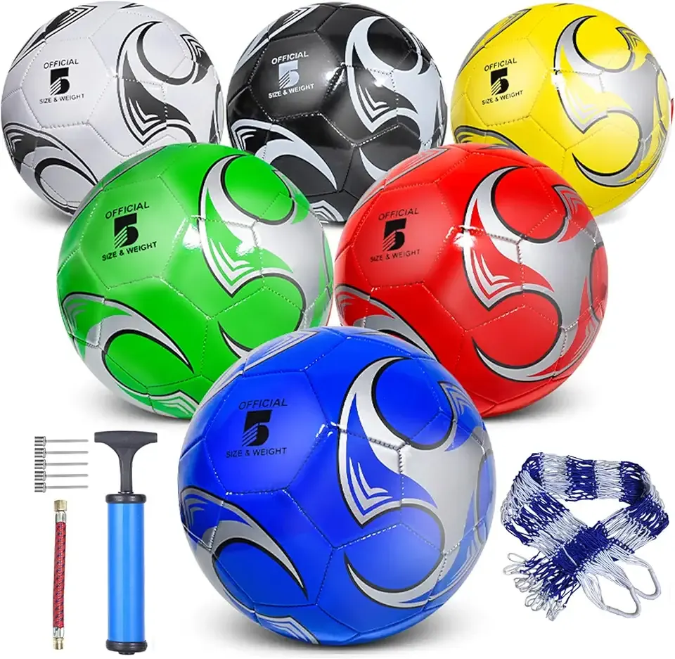 6 Pack Size 5/4/3 Soccer Balls for Training & Matches – Official Size & Weight, Includes Carry Net, Needles, Air Pump – Ideal for Youth and Adult Players
