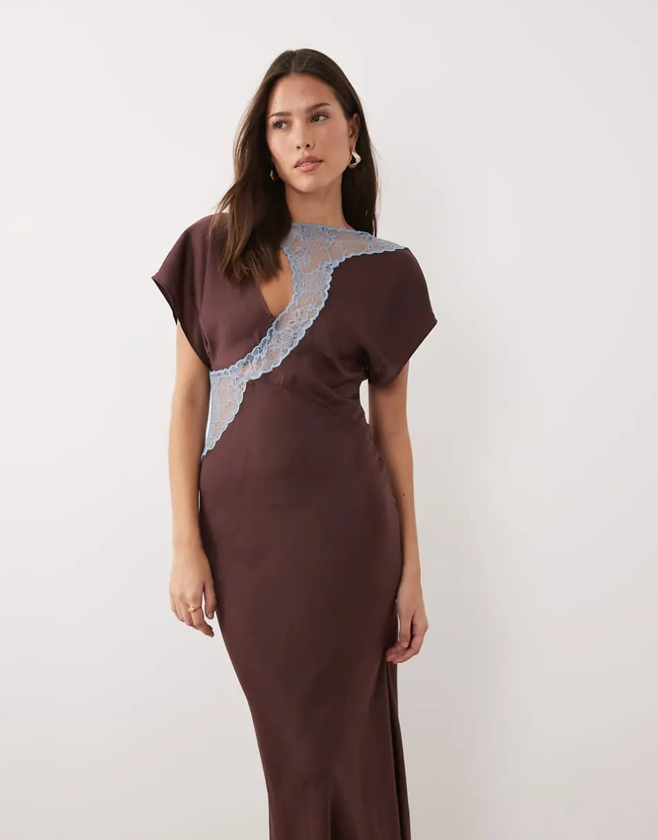 ASOS DESIGN lace applique grown on sleeve bias cut satin dress in plum