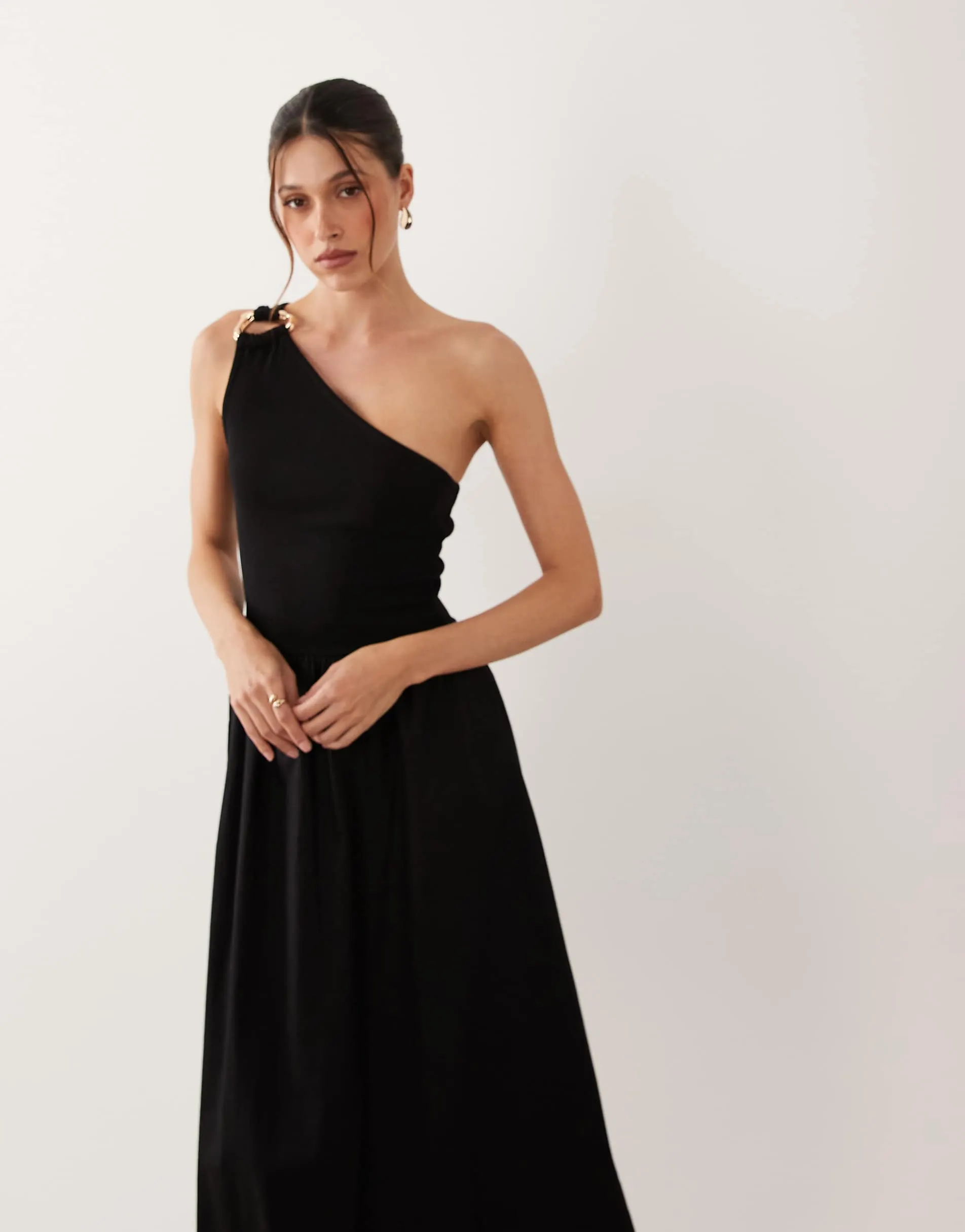 ASOS DESIGN one shoulder midi dress with hardware trim in black